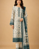 Off-White & Blue Floral Lawn 3 Piece Suit | Detailed Neckline & Contrasting Dupatta