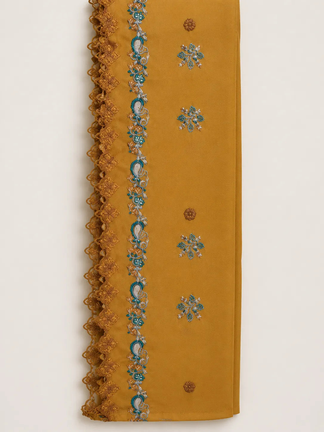 Mustard Gold Ethnic Inspired Embroidered 3-Piece Stitched Lawn Suit with Net Dupatta