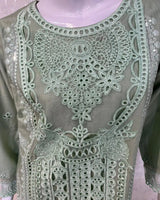 Aqua Blue Long Embroidered 3-Piece Stitched Suit with Organza Patch Work