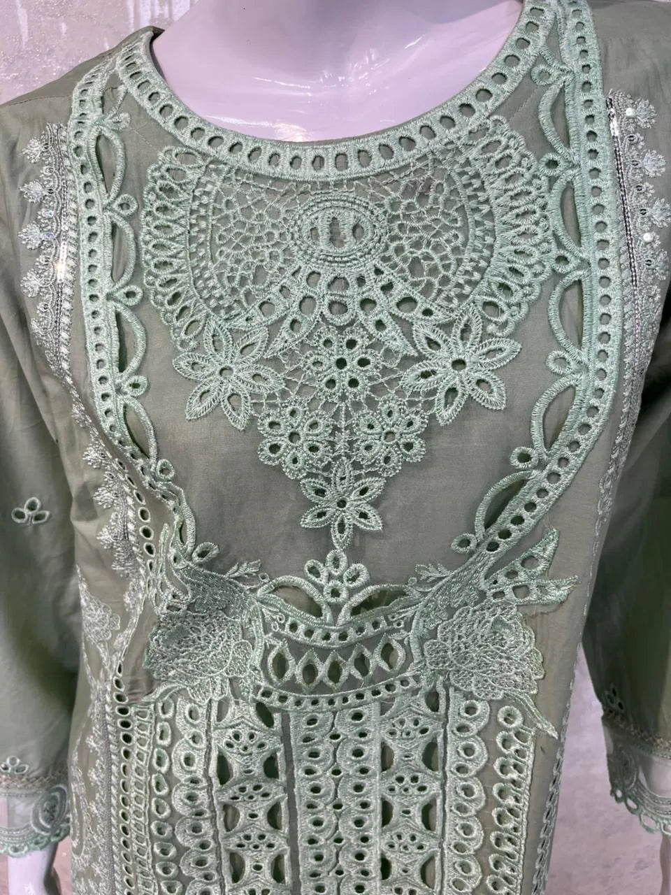 Aqua Blue Long Embroidered 3-Piece Stitched Suit with Organza Patch Work