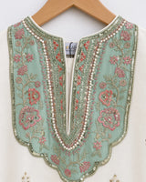 Off-White & Sea Green Ambi Paisley Embroidered Lawn 3-Piece Stitched Suit with Pearl Neckline & Printed Dupatta