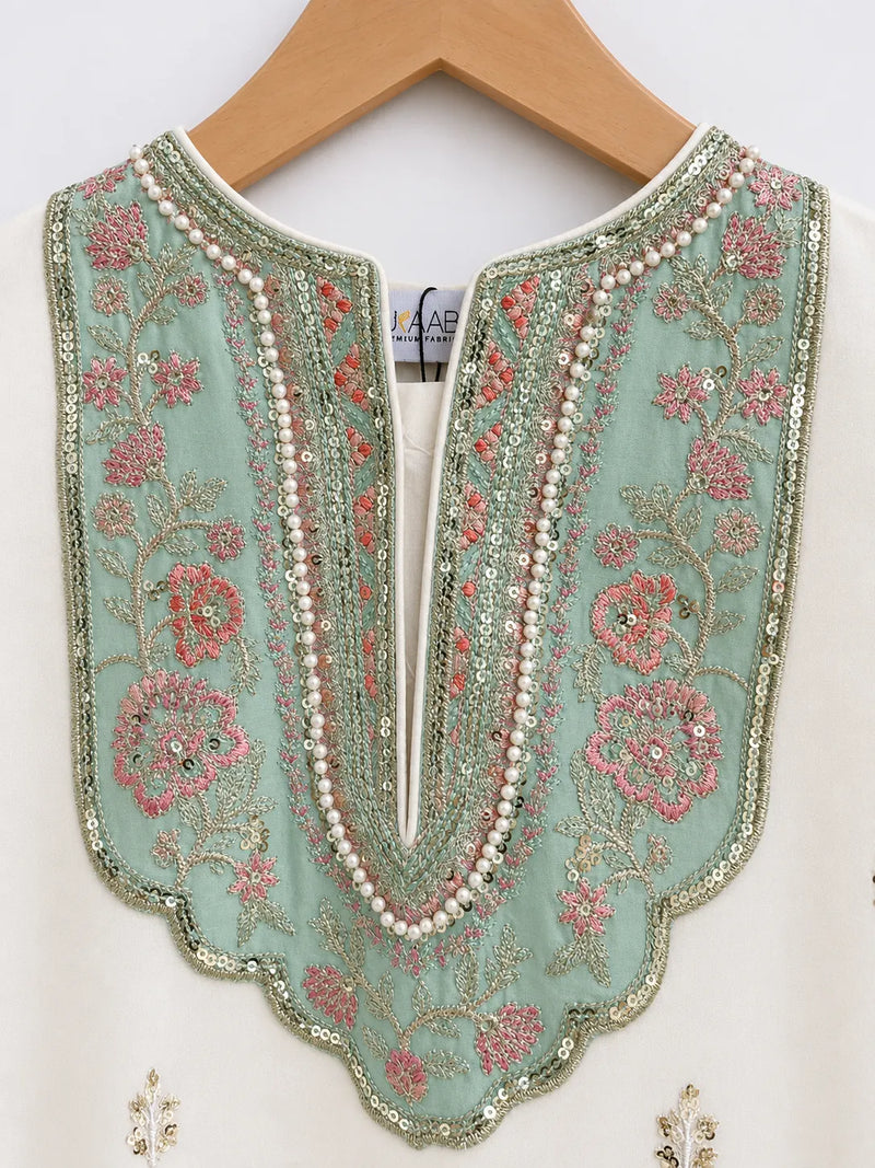 Off-White & Sea Green Ambi Paisley Embroidered Lawn 3-Piece Stitched Suit with Pearl Neckline & Printed Dupatta