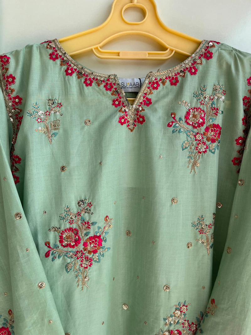Aqua Blue Short Embroidered Kurti 3-Piece Stitched Suit with Dooria Dupatta