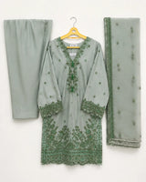 Mint Embroidered 3-Piece Stitched Suit with Shalwar & Organza Dupatta