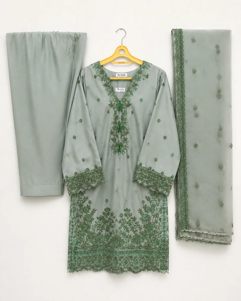 Mint Embroidered 3-Piece Stitched Suit with Shalwar & Organza Dupatta