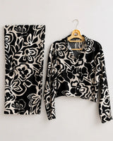 Women's Black & Cream Abstract Floral Printed Cropped Co-Ord Set with Wide-Leg Trousers