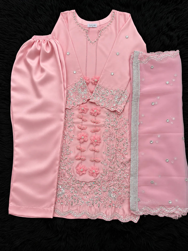 Blush Pink Embroidered 3-Piece Pakistani Suit with Floral Tassels