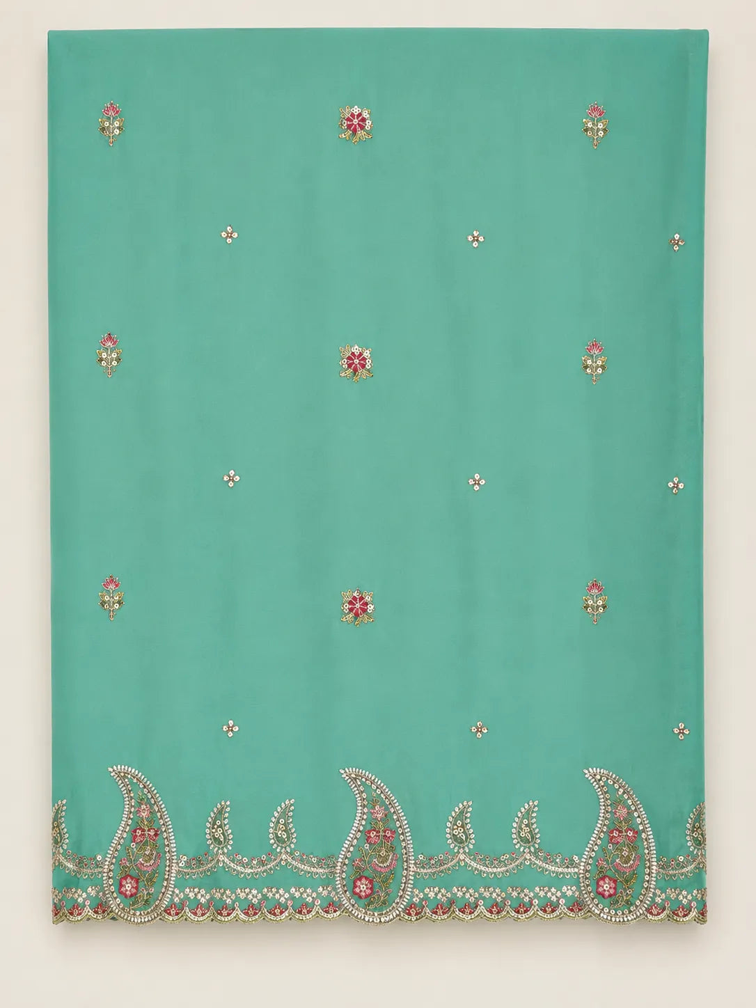 Mustard Yellow & Sea Green Embroidered Lawn 3-Piece Stitched Short Suit with Plazo & Doriya Dupatta
