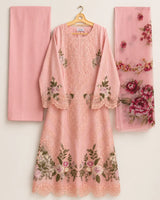 Baby Pink Floral Embroidered Long 3-Piece Stitched Lawn Suit with Chiffon Dupatta & Plain Trouser