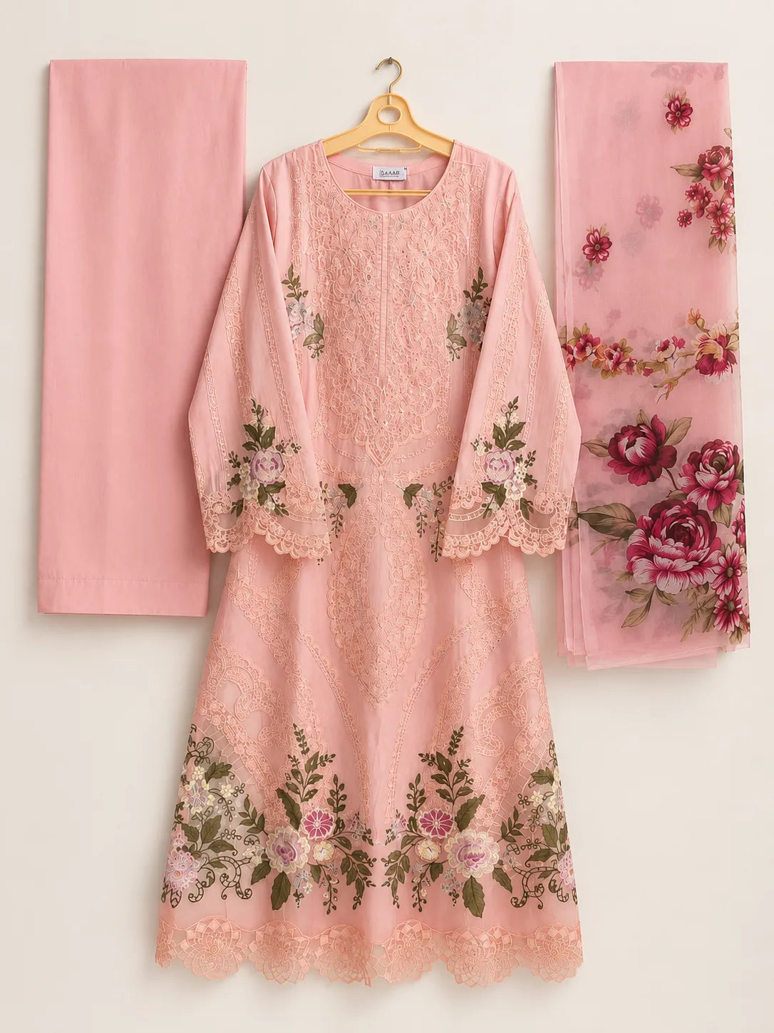 Baby Pink Floral Embroidered Long 3-Piece Stitched Lawn Suit with Chiffon Dupatta & Plain Trouser