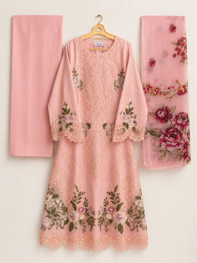 Baby Pink Floral Embroidered Long 3-Piece Stitched Lawn Suit with Chiffon Dupatta & Plain Trouser