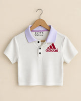 Women's White Ribbed Cropped Polo Shirt with Contrast Collar & Embroidered Logo