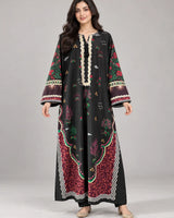 Black & Maroon Printed Lawn 2 Piece Kaftan Suit | Embroidered Neckline & Printed Trousers