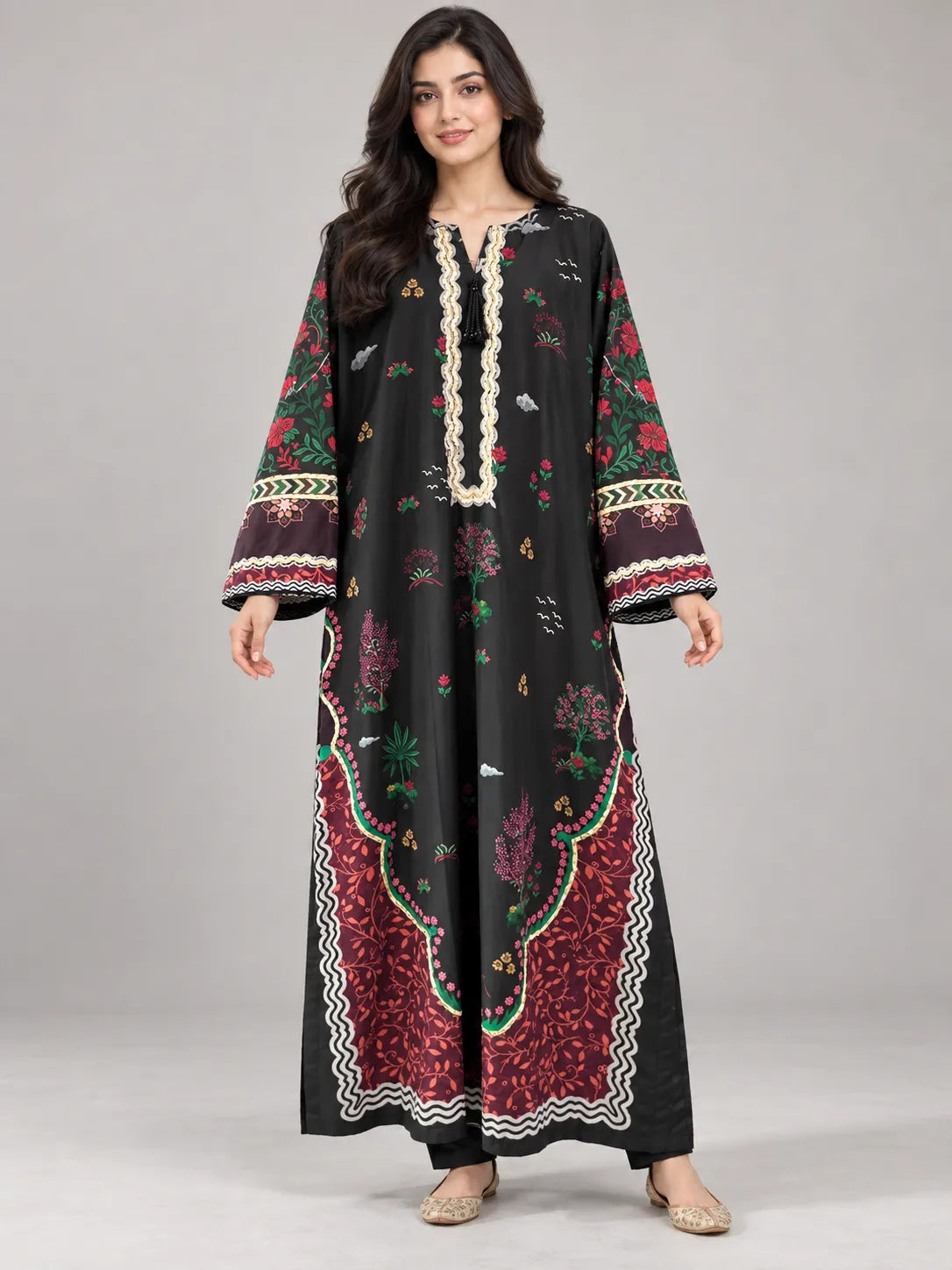 Black & Maroon Printed Lawn 2 Piece Kaftan Suit | Embroidered Neckline & Printed Trousers