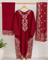 Crimson Red Embroidered Lawn 3-Piece Stitched Suit with Doriya Dupatta