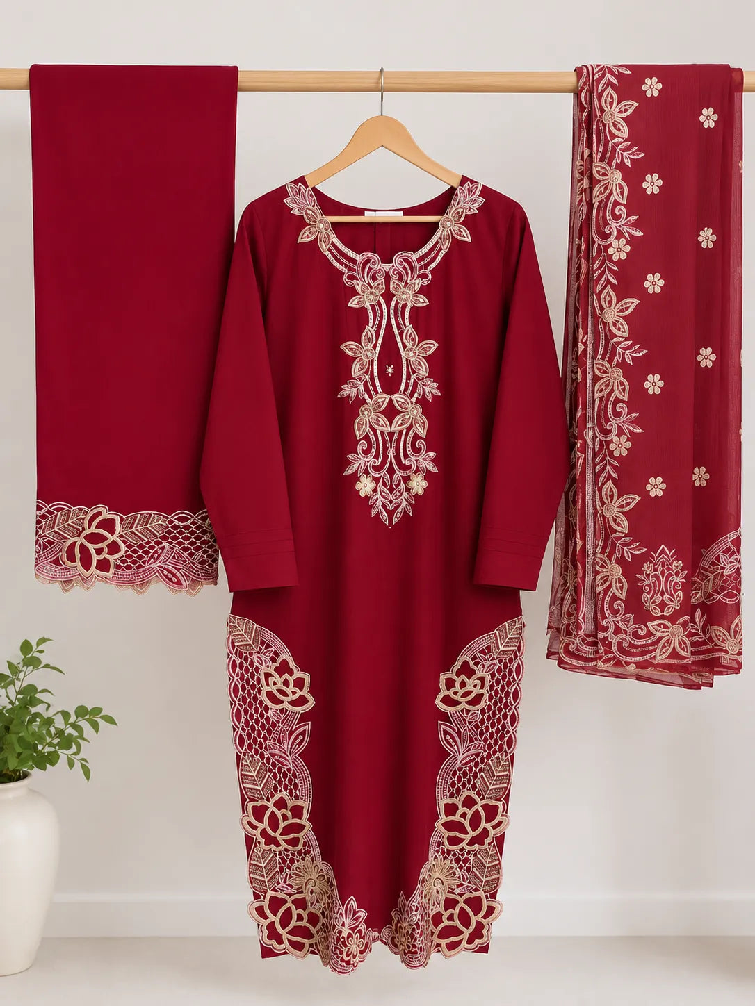 Crimson Red Embroidered Lawn 3-Piece Stitched Suit with Doriya Dupatta