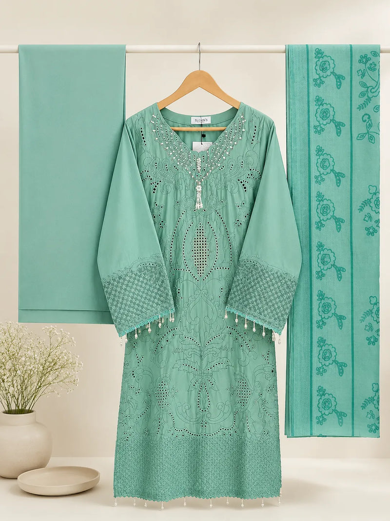 Aqua Blue Embellished 3-Piece Stitched Suit with Bamber Dupatta