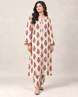 White & Orange Printed Lawn 2 Piece Suit | Placket Lace Trims & Matching Trousers