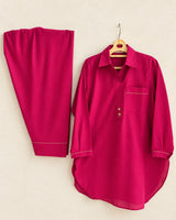 Fuchsia Pink Cotton 2-Piece Co-Ord Set with Collar Tunic & Matching Trousers