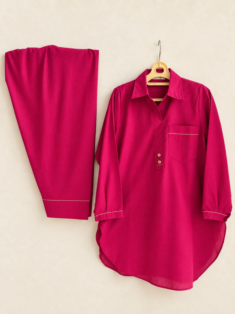 Fuchsia Pink Cotton 2-Piece Co-Ord Set with Collar Tunic & Matching Trousers