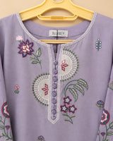Lilac Colorful Floral Embroidered Long 3-Piece Stitched Lawn Suit with Scalloped Border & Embroidered Dupatta