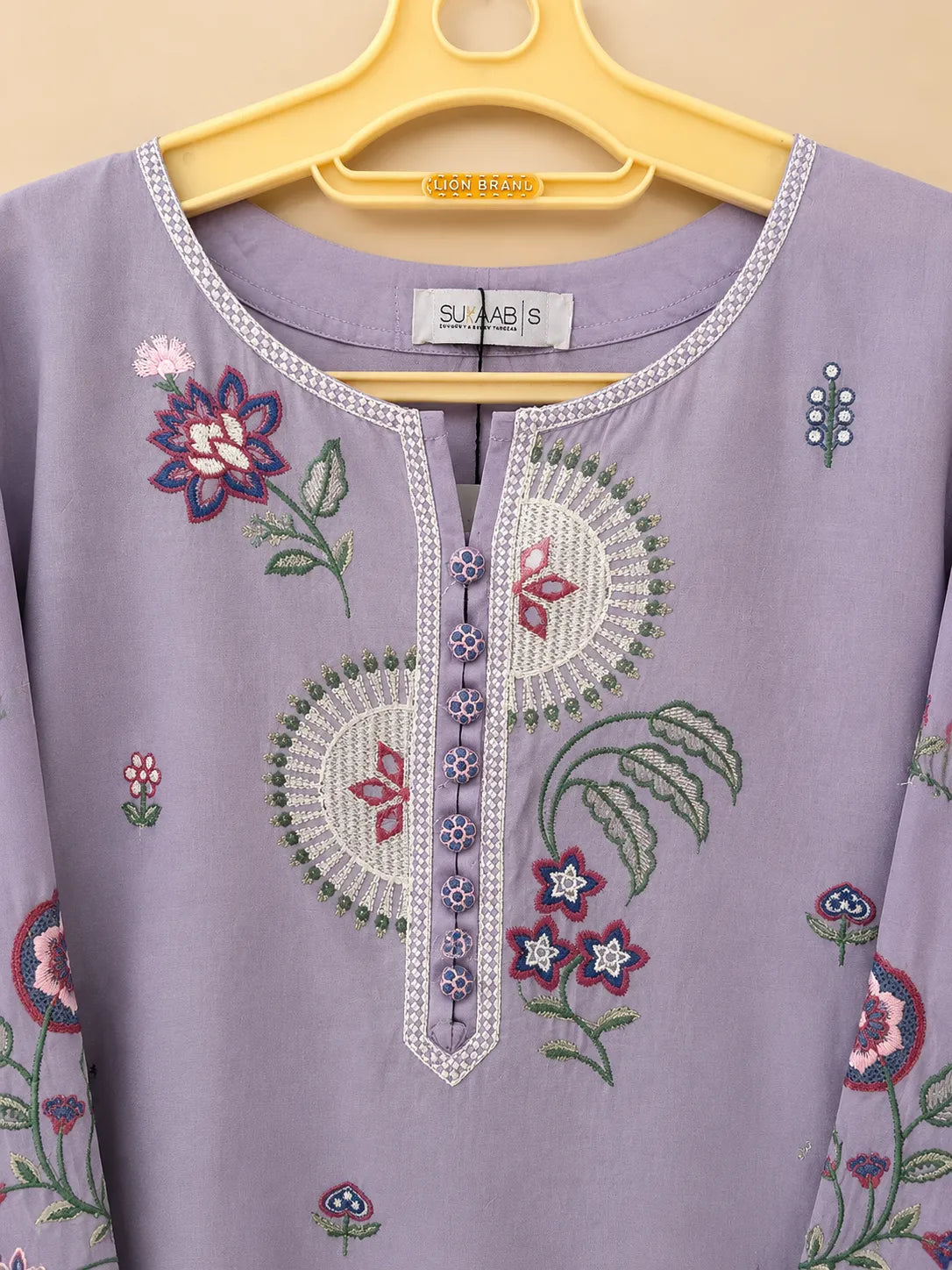 Lilac Colorful Floral Embroidered Long 3-Piece Stitched Lawn Suit with Scalloped Border & Embroidered Dupatta