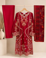 Crimson Red Floral Embroidered Lawn 3-Piece Stitched Suit with Bamber Chiffon Dupatta & Plain Trousers