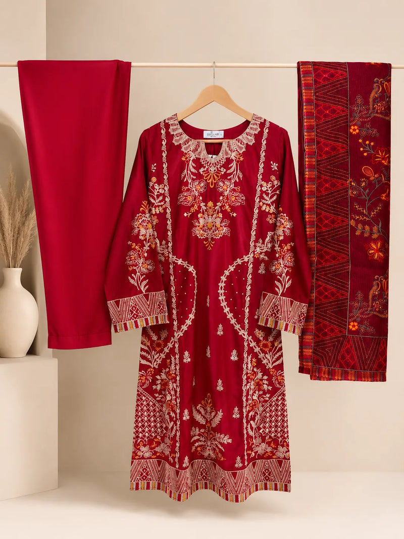 Crimson Red Floral Embroidered Lawn 3-Piece Stitched Suit with Bamber Chiffon Dupatta & Plain Trousers