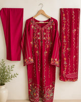 Shocking Pink Floral Embroidered Lawn 3-Piece Stitched Suit with Bamber Chiffon Dupatta & Plain Trousers