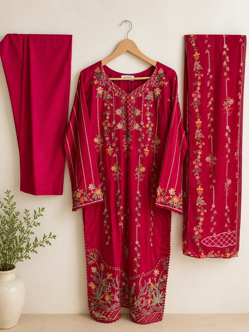 Shocking Pink Floral Embroidered Lawn 3-Piece Stitched Suit with Bamber Chiffon Dupatta & Plain Trousers