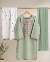 Pistachio Green Floral Embroidered Lawn 3-Piece Stitched Suit with Off-White Embroidered Trouser & Chiffon Dupatta