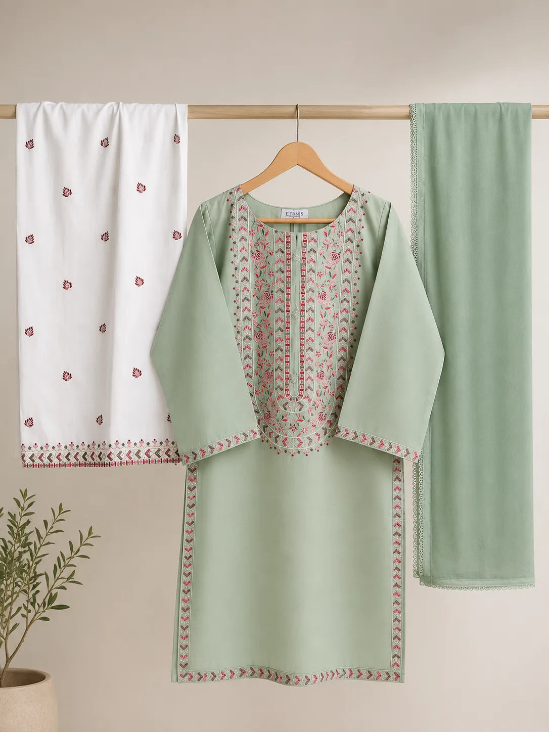 Pistachio Green Floral Embroidered Lawn 3-Piece Stitched Suit with Off-White Embroidered Trouser & Chiffon Dupatta