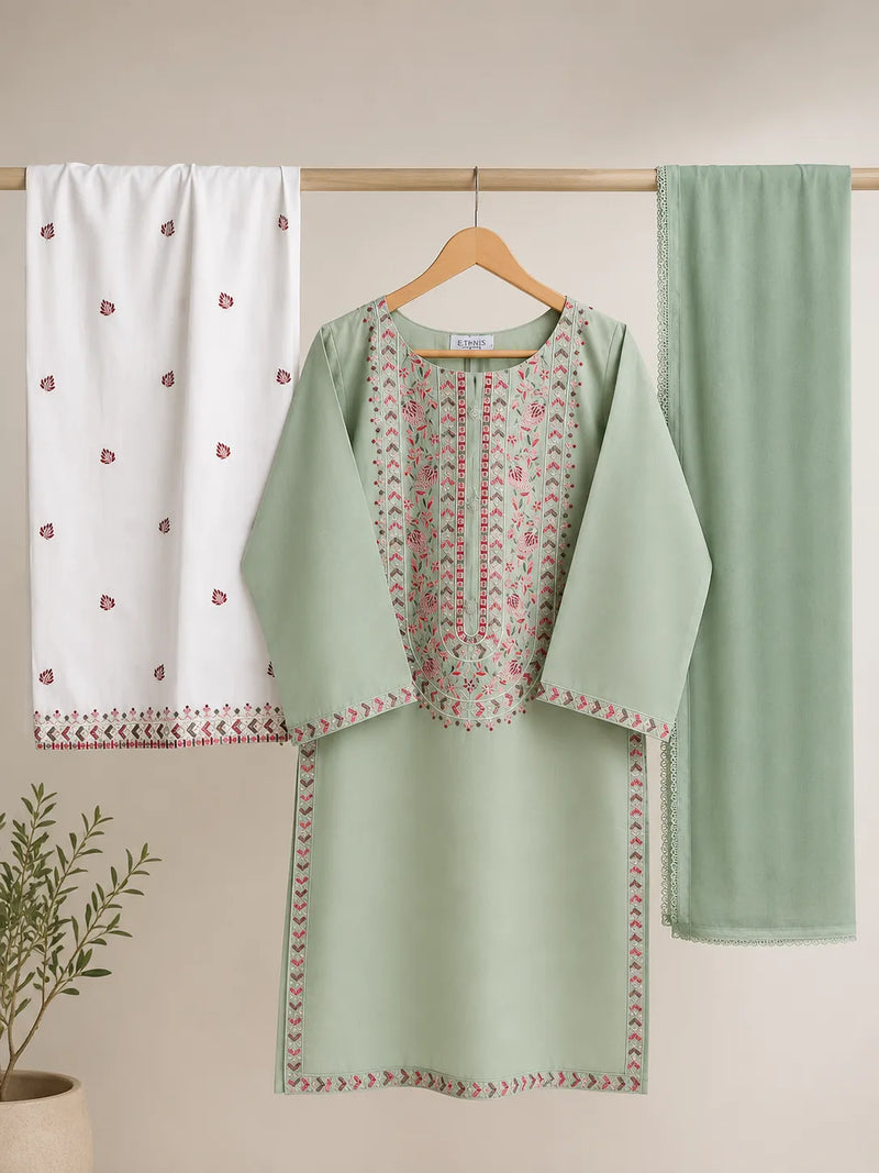 Pistachio Green Floral Embroidered Lawn 3-Piece Stitched Suit with Off-White Embroidered Trouser & Chiffon Dupatta