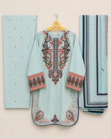 Aqua Blue Embroidered Farshi 3-Piece Stitched Suit with Chiffon Dupatta