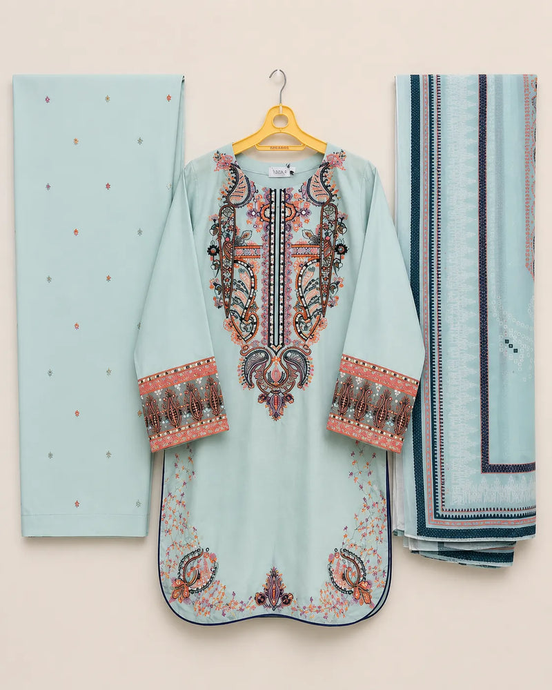 Aqua Blue Embroidered Farshi 3-Piece Stitched Suit with Chiffon Dupatta