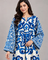 Turkish Print Blue & White Lawn 2 Piece Kaftan Suit | Tile Neckline & Matching Trousers