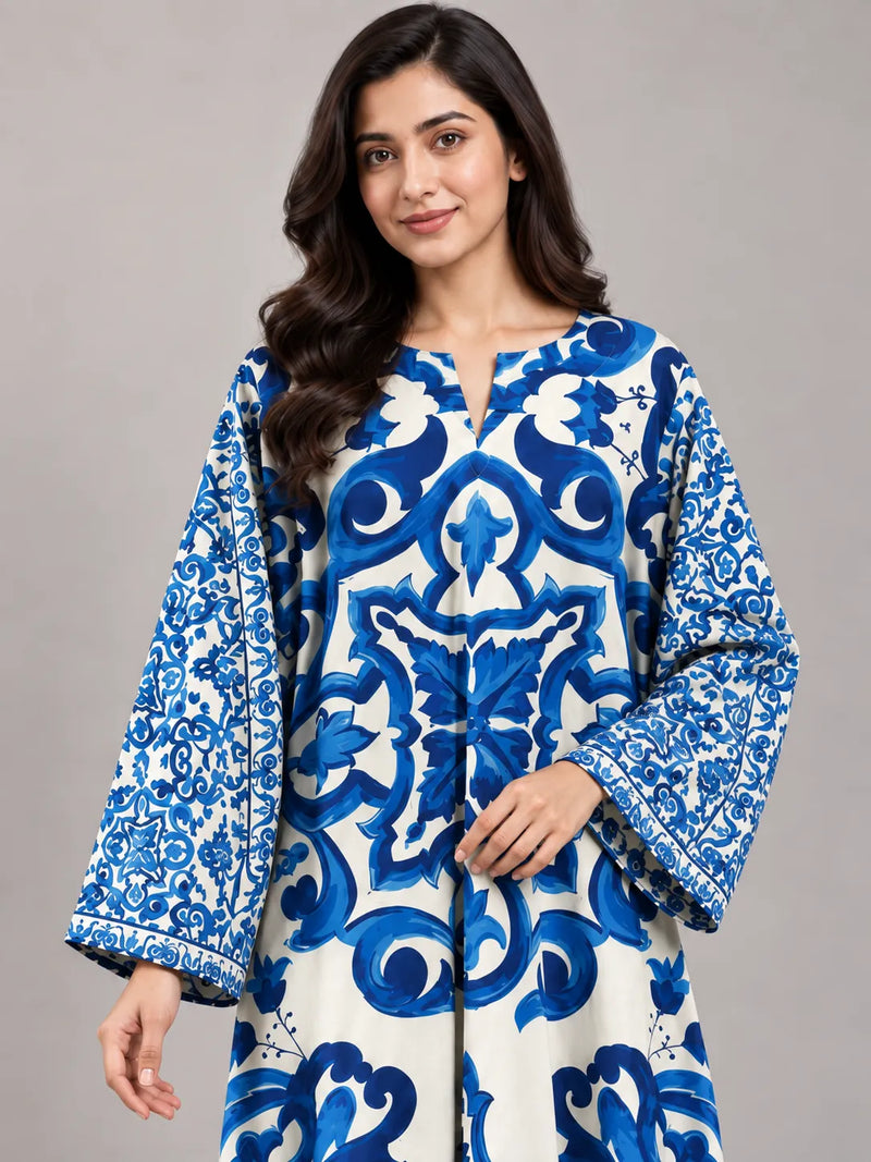 Turkish Print Blue & White Lawn 2 Piece Kaftan Suit | Tile Neckline & Matching Trousers