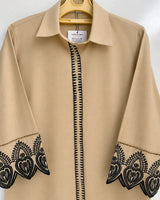 Beige Skin Soft Cotton 2-Piece Co-Ord Set with Black Embroidered Placket & Cutwork Lace Cuffs