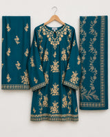 Teal Blue Embroidered Aari Work 3-Piece Stitched Suit with Bamber Dupatta