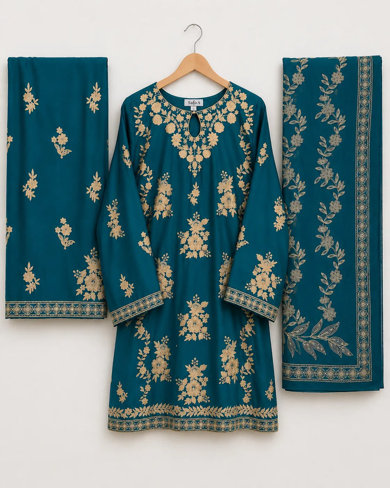 Teal Blue Embroidered Aari Work 3-Piece Stitched Suit with Bamber Dupatta