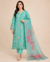 Aqua Blue Embroidered Long-Length 3-Piece Stitched Suit with Printed Dupatta