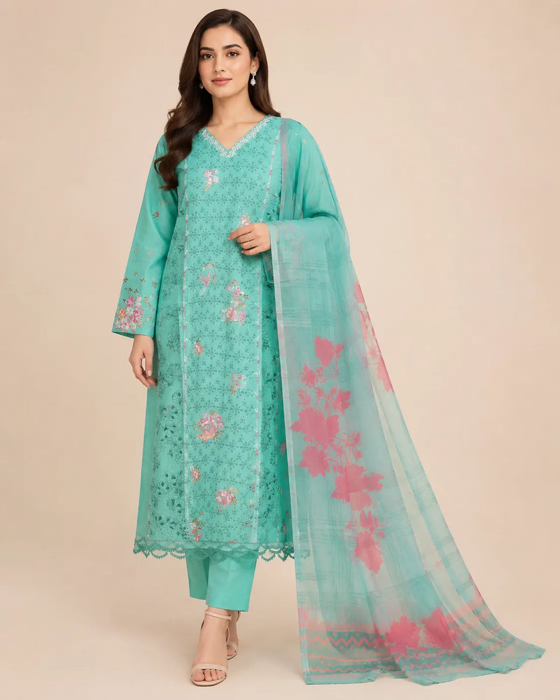 Aqua Blue Embroidered Long-Length 3-Piece Stitched Suit with Printed Dupatta