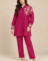 Shocking Pink Cotton 2-Piece Co-Ord Set with Embroidered Shoulder & Cuffs