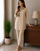 Beige Skin Cotton 2-Piece Co-Ord Set with Black Floral Shoulder Embroidery & Trousers