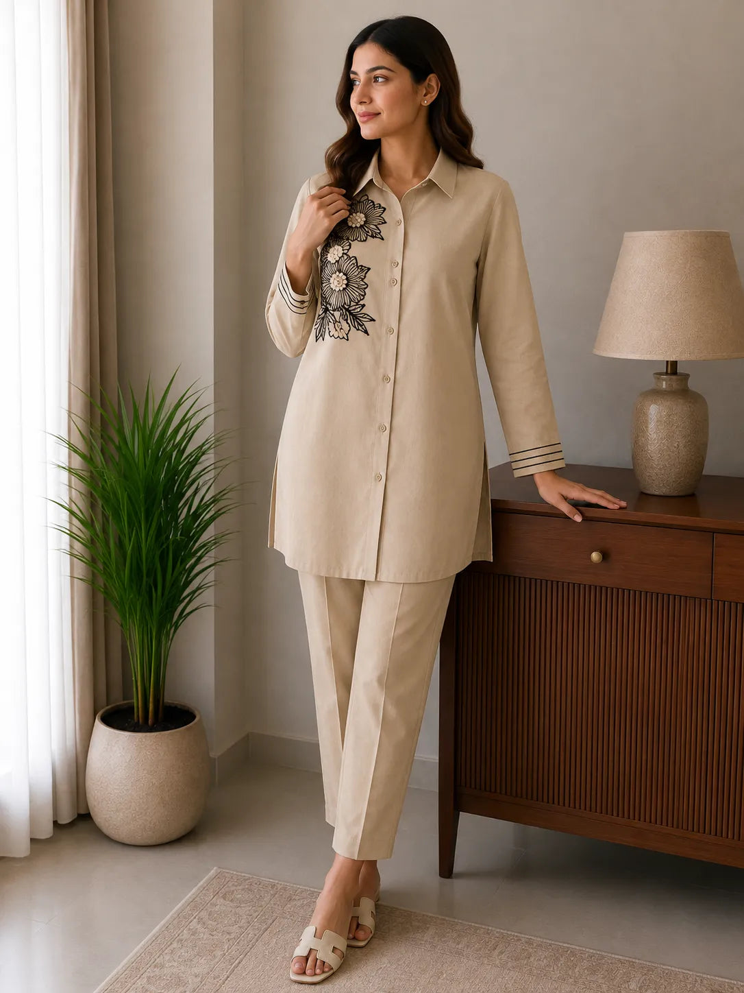 Beige Skin Cotton 2-Piece Co-Ord Set with Black Floral Shoulder Embroidery & Trousers