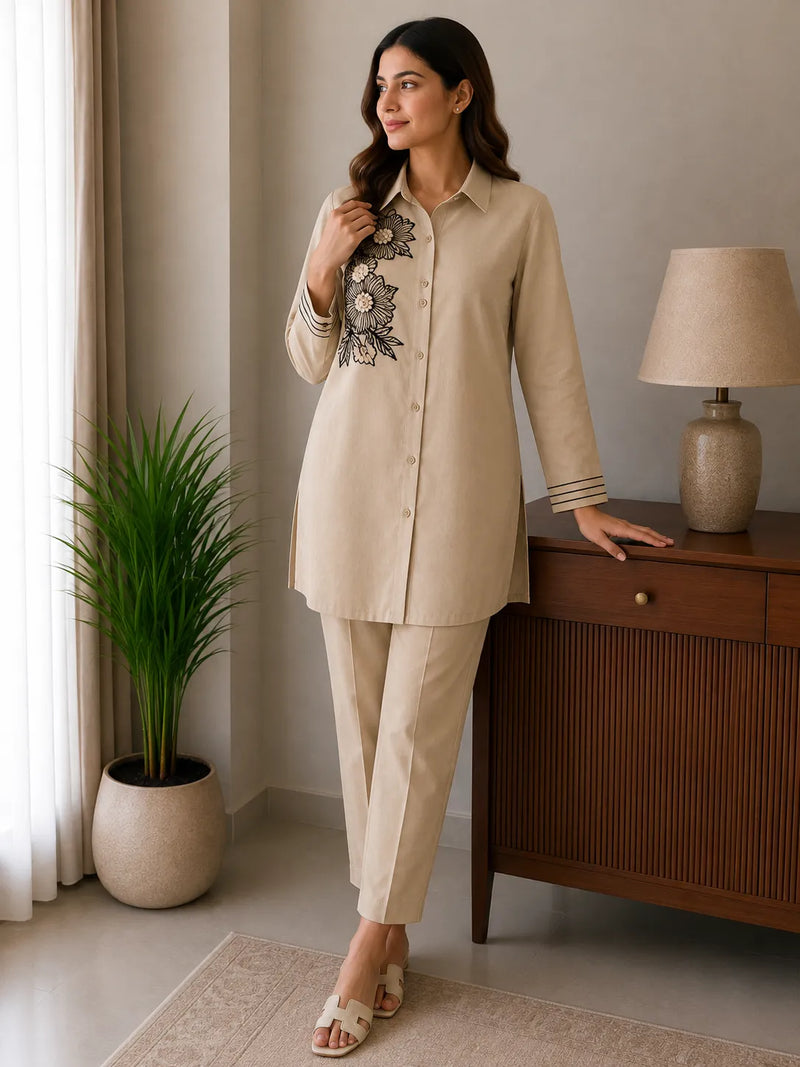 Beige Skin Cotton 2-Piece Co-Ord Set with Black Floral Shoulder Embroidery & Trousers