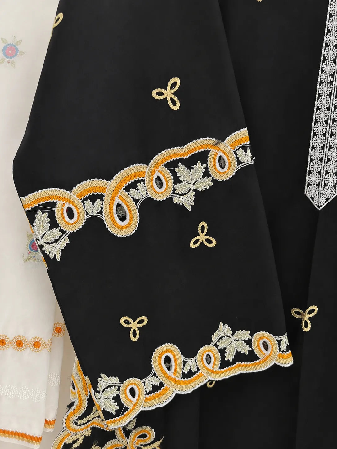 Black & White Embroidered Short Shirt 3-Piece Stitched Suit with Bamber Dupatta
