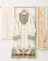 Off-White & Sea Green Ambi Paisley Embroidered Lawn 3-Piece Stitched Suit with Pearl Neckline & Printed Dupatta