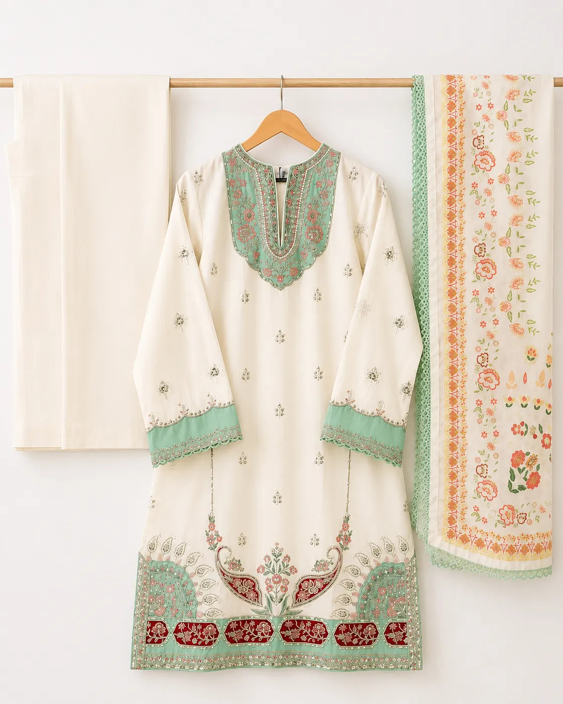 Off-White & Sea Green Ambi Paisley Embroidered Lawn 3-Piece Stitched Suit with Pearl Neckline & Printed Dupatta