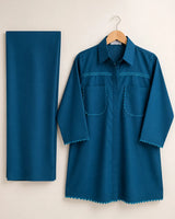 Zinc Blue Cotton 2-Piece Co-Ord Set with Loop Lace Trims & Straight Trousers